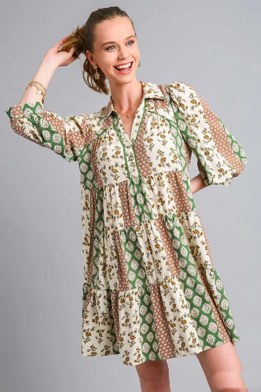 Umgee Mixed Print Tiered Dress in Olive Mix