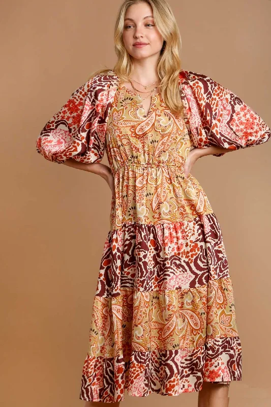 Umgee Mixed Print Tiered Dress in Taupe Mix FINAL SALE