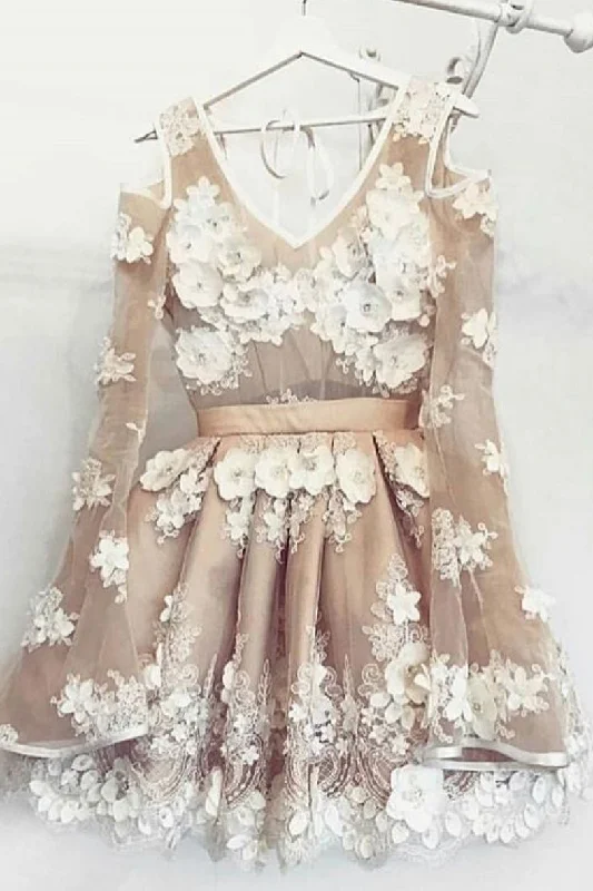Unique Tulle Lace Short Prom Dresses, Long Sleeves Homecoming Dress OKP29