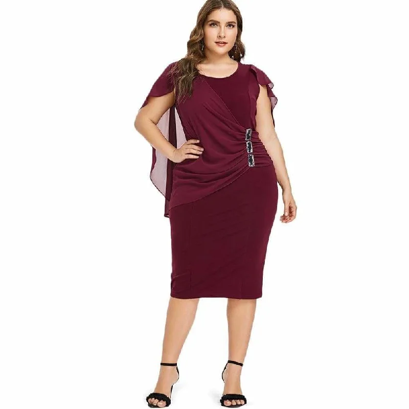 FashionSierra - Clearance Rhinestone Ruched Embellished Capelet Dress O-Neck Sleeveless