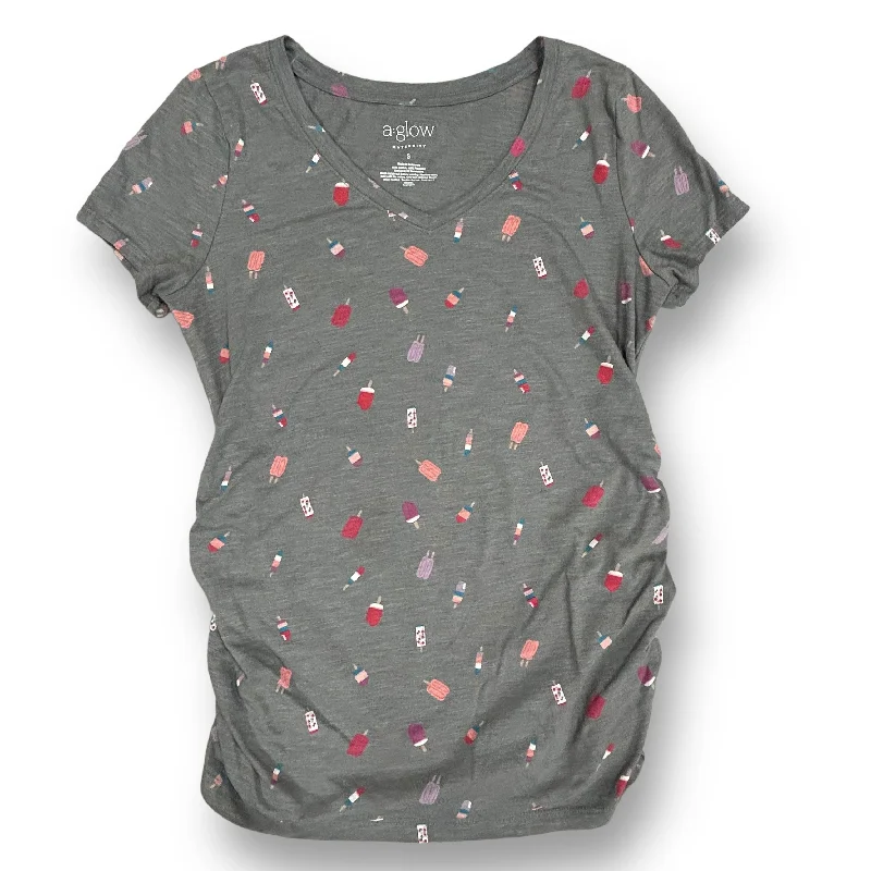 A Glow Size S Gray Popsicle Print Maternity T-Shirt Graphic Embroidered Appliqued