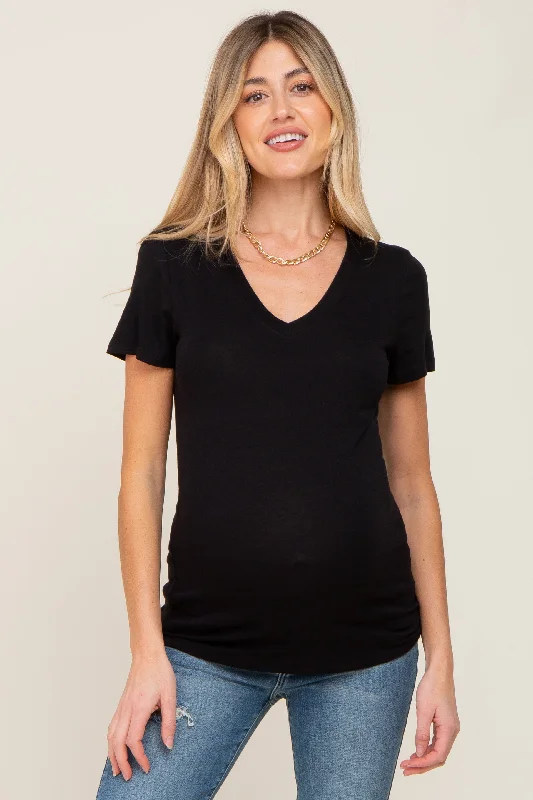 Black Basic V-Neck Maternity Tee Terry Blend Velvet Blend Canvas Blend