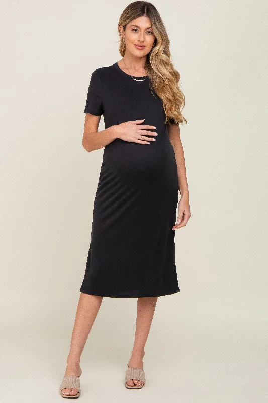 Black Midi T-Shirt Maternity Dress Hooded Caped Shawl Collar