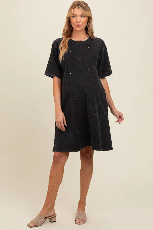 Black Rhinestone Mineral Washed Maternity T-Shirt Dress Zippered Front Buttoned Front Snap Front Black Rhinestone Mineral Washed Maternity T-Shirt Dress Zippered Front Buttoned Front Snap Front