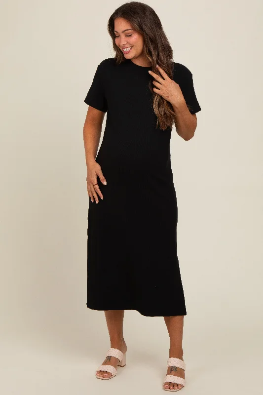 Black Short Sleeve Side Slit Maternity T-Shirt Midi Dress Real Fur Shearling Chenille Black Short Sleeve Side Slit Maternity T-Shirt Midi Dress Real Fur Shearling Chenille