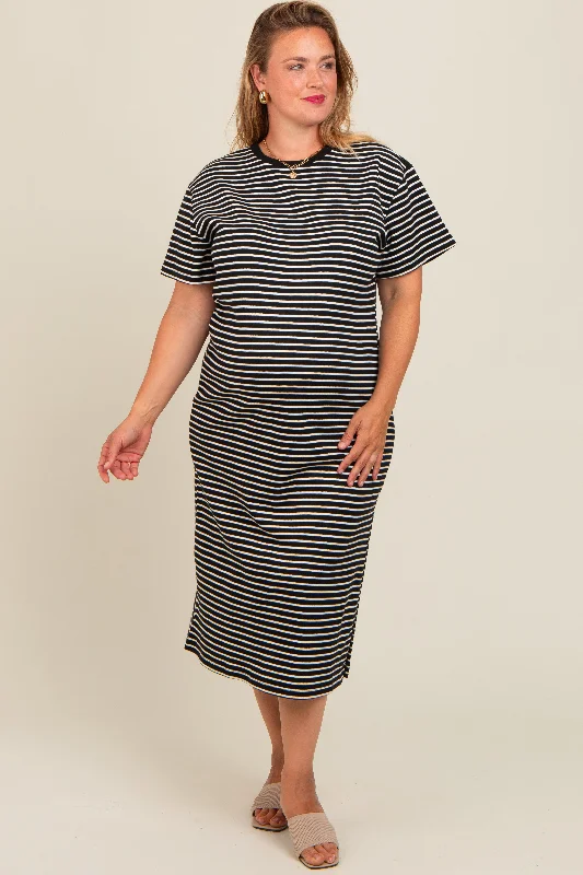 Black Striped Short Sleeve Maternity Plus T-Shirt Midi Dress Houndstooth Herringbone Solid