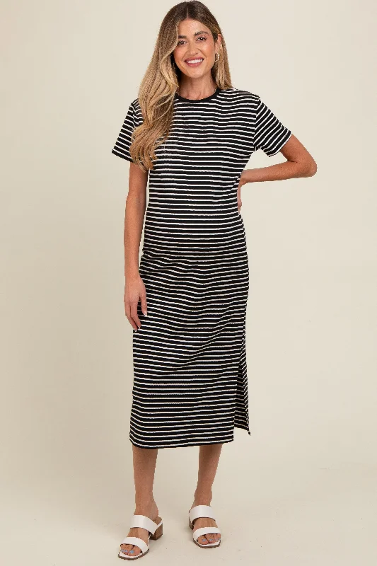 Black Striped Short Sleeve Maternity T-Shirt Midi Dress Polka Dot Checkered Tartan