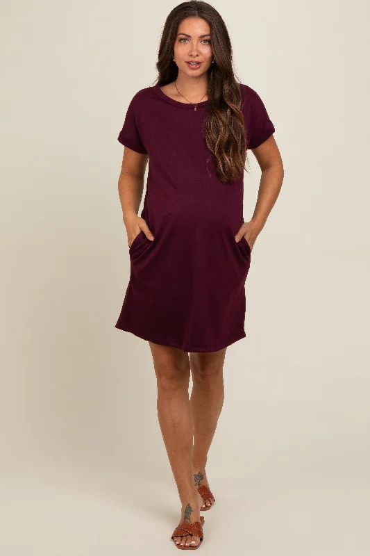 Burgundy Short Sleeve T-Shirt Maternity Dress Ribbed Striped Patterned