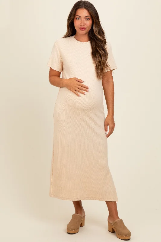 Cream Short Sleeve Side Slit Maternity T-Shirt Midi Dress Asymmetrical Pockets Print Cream Short Sleeve Side Slit Maternity T-Shirt Midi Dress Asymmetrical Pockets Print