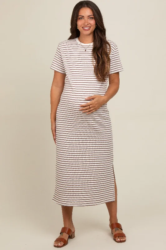 Cream Striped Short Sleeve Maternity T-Shirt Midi Dress Thin T-Shirt Open Front Quick Dry Cream Striped Short Sleeve Maternity T-Shirt Midi Dress Thin T-Shirt Open Front Quick Dry