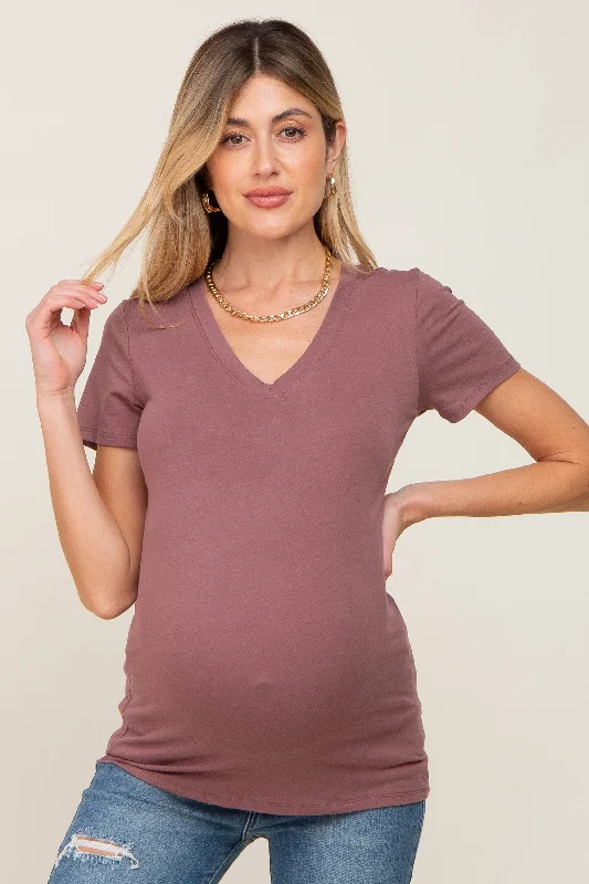 Dark Burgundy Basic V-Neck Maternity Tee Welt Pockets Slit Pockets