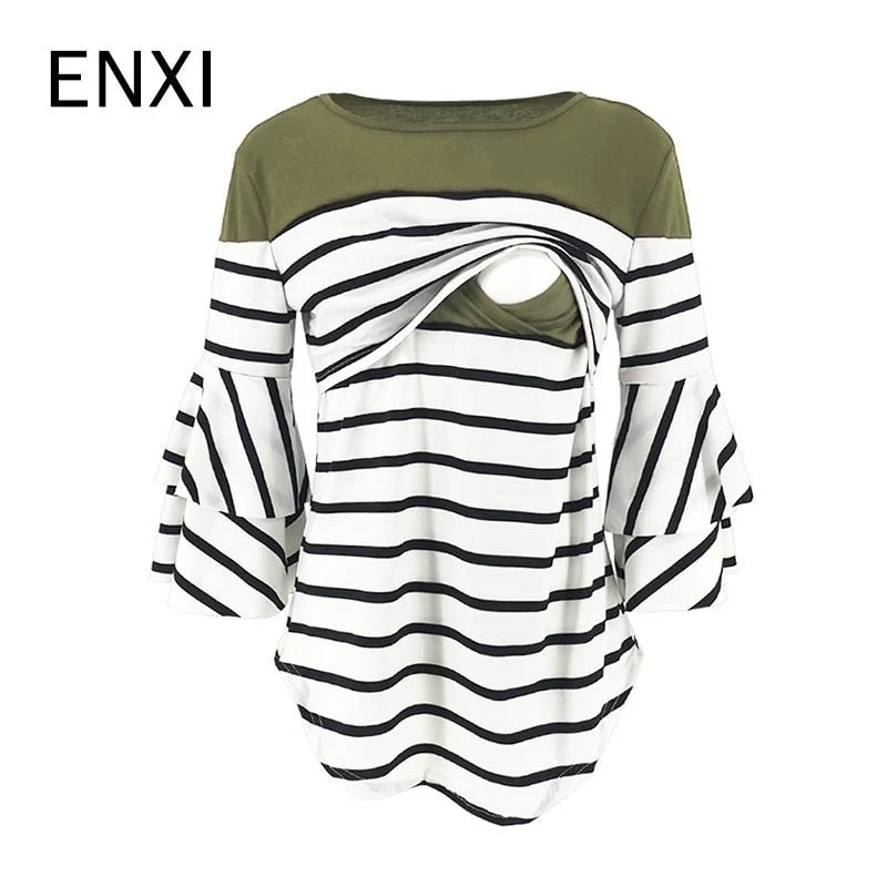 ENXI 2019 Maternity Clothes Stripe Split Joint Horn Sleeve Tops Lactation T-shirt Breastfeeding Clothes Solid Color Striped Floral