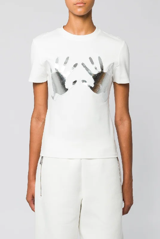 Area Handprint T-Shirt in White Zippered Buttoned Snapped