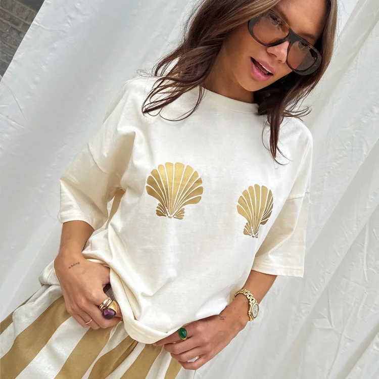 Gold Shell Boob T-Shirt Collared T-Shirt Boat Neck A-Line