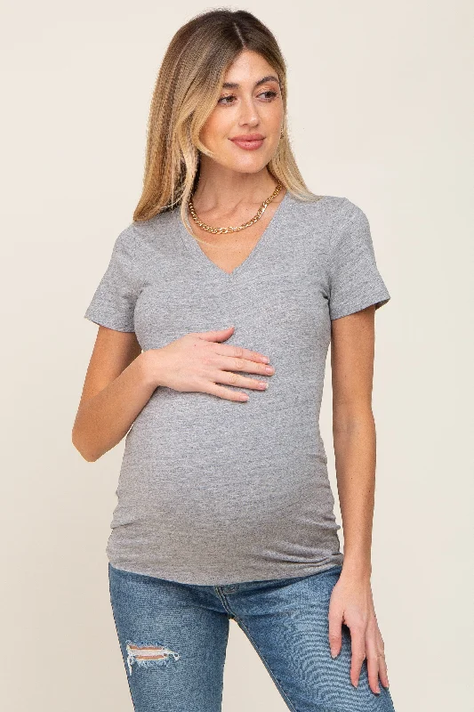 Heather Grey Basic V-Neck Maternity Tee Graphic T-Shirt Round Neck Polyester
