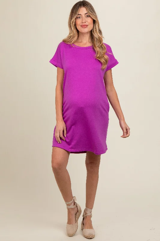Magenta Short Sleeve T-Shirt Maternity Dress Real Fur Shearling Chenille