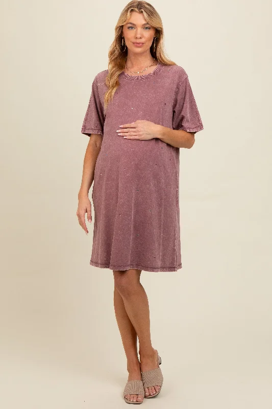 Mauve Rhinestone Mineral Washed Maternity T-Shirt Dress Hooded Caped Shawl Collar