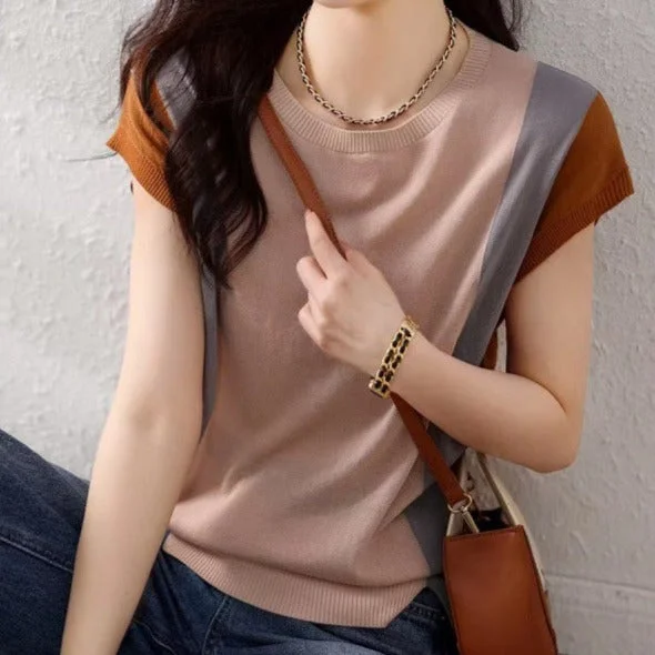 NiDELL Color Matching Sweater Women's . Summer New Korean Style T-shirt round Neck Bottoming Shirt Slimming Sense of Design Top Fashion Chenille Fabric Brocade Fabric Lace Fabric NiDELL Color Matching Sweater Women's . Summer New Korean Style T-shirt round Neck Bottoming Shirt Slimming Sense of Design Top Fashion Chenille Fabric Brocade Fabric Lace Fabric