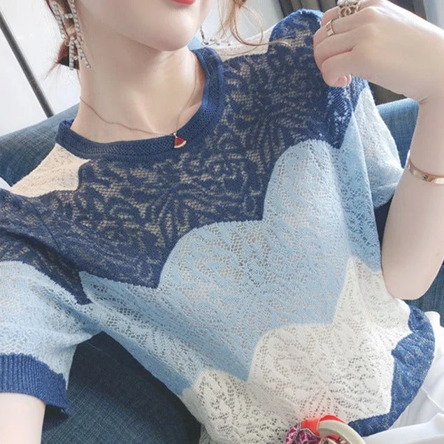NiDELL Dyed Pine Mist Blue, Western Style and White . Summer New Short Sleeve Hollow Ice Silk Knitted Sweater T-shirt for Women Wool Fabric Cashmere Fabric Tweed Fabric