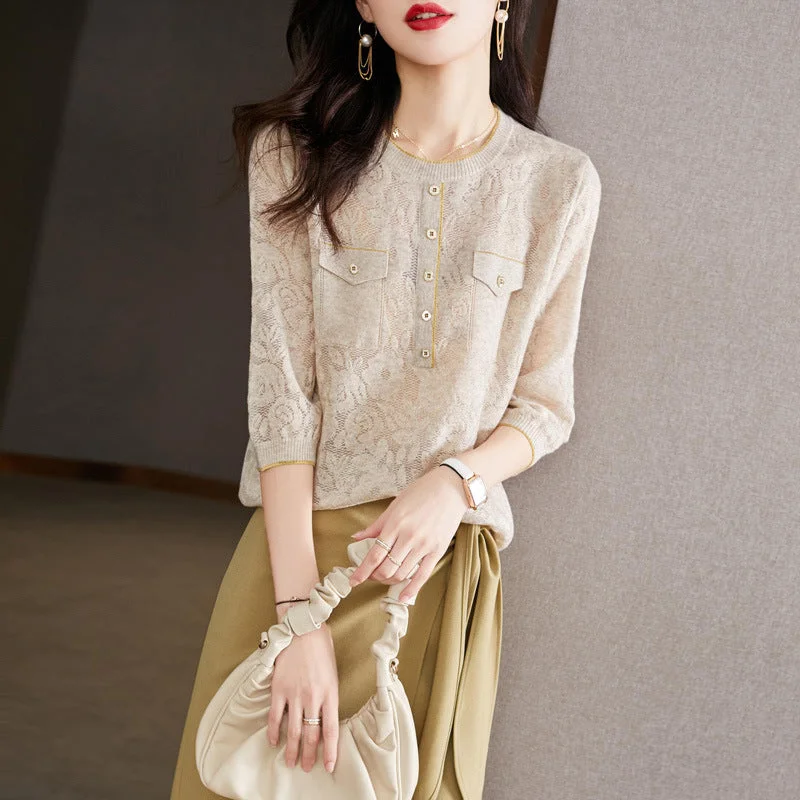 NiDELL . Early Autumn Hollow Sweater Women's Classic Style Half Sleeve Top Stylish Thin New Three-Quarter-Length-Sleeved T-shirt Women's Autumn V-Neck T-Shirt Long Sleeve Cotton NiDELL . Early Autumn Hollow Sweater Women's Classic Style Half Sleeve Top Stylish Thin New Three-Quarter-Length-Sleeved T-shirt Women's Autumn V-Neck T-Shirt Long Sleeve Cotton