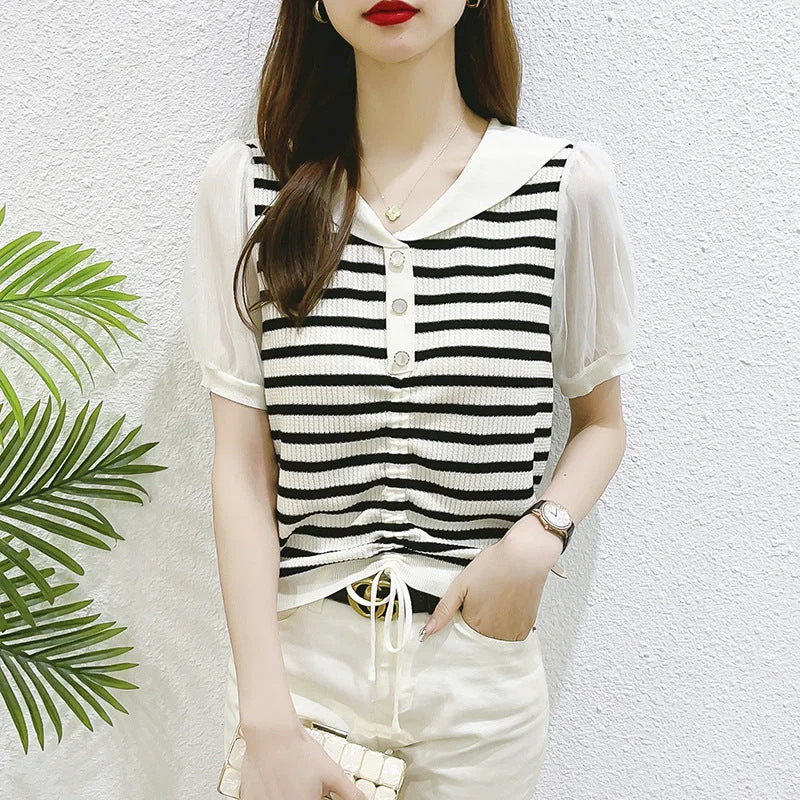 NiDELL Early Summer Ice Silk Sweater Women's . Summer New Striped Bottoming Shirt Summer Clothing Short Sleeve T-shirt Drawstring Top Thin Faux Fur Fabric Real Fur Fabric Shearling Fabric NiDELL Early Summer Ice Silk Sweater Women's . Summer New Striped Bottoming Shirt Summer Clothing Short Sleeve T-shirt Drawstring Top Thin Faux Fur Fabric Real Fur Fabric Shearling Fabric