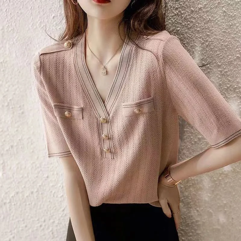 NiDELL Elegant Gray Pink . Summer New Korean Style Classic Style Thin and Glittering Color-Contrasting Stripe Button Sweater Women's T-shirt Terry Blend Velvet Blend Canvas Blend NiDELL Elegant Gray Pink . Summer New Korean Style Classic Style Thin and Glittering Color-Contrasting Stripe Button Sweater Women's T-shirt Terry Blend Velvet Blend Canvas Blend