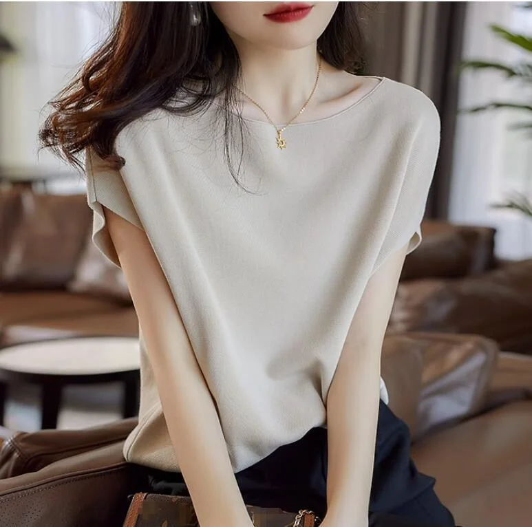NiDELL [Free Shipping for One Piece] . Summer New Women's Loose T-shirt Korean Style Heart-Hiding Batwing Sleeve Sweater Mesh Fabric Canvas Fabric Denim Fabric