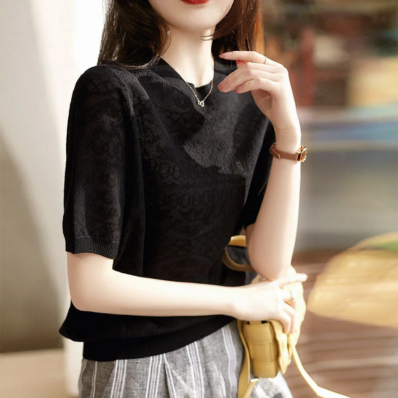 NiDELL Free Shipping . Summer New Korean Style Elegant Woven Jacquard Micro Transparent Sweater round Neck Knitted Short Sleeve T-shirt Houndstooth Herringbone Solid NiDELL Free Shipping . Summer New Korean Style Elegant Woven Jacquard Micro Transparent Sweater round Neck Knitted Short Sleeve T-shirt Houndstooth Herringbone Solid