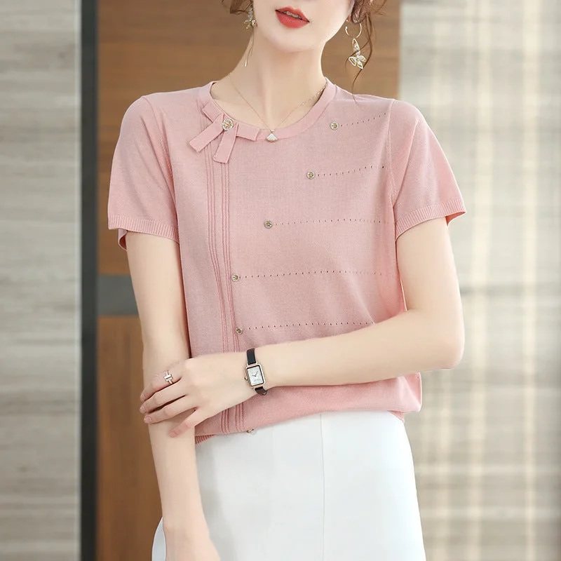 NiDELL Ice Silk Short Sleeve T-shirt Women's Thin Top Summer . New Young Mother Temperament Summer Loose Sweater Zippered Buttoned Snapped NiDELL Ice Silk Short Sleeve T-shirt Women's Thin Top Summer . New Young Mother Temperament Summer Loose Sweater Zippered Buttoned Snapped