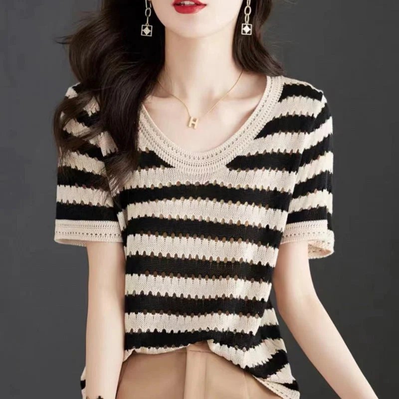 NiDELL Ice Silk Stripes Short-Sleeved T-shirt Women's Summer . New Hollow Sweater T-shirt Thin Zippered Front Buttoned Front Snap Front NiDELL Ice Silk Stripes Short-Sleeved T-shirt Women's Summer . New Hollow Sweater T-shirt Thin Zippered Front Buttoned Front Snap Front