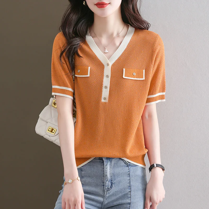 NiDELL Ice Silk Sweater Short-Sleeved T-shirt Women's Clothing . New Young Mother Summer Wear Fashionable Stylish V-neck Temperament Top Fitted T-Shirt Seamless Stretchy NiDELL Ice Silk Sweater Short-Sleeved T-shirt Women's Clothing . New Young Mother Summer Wear Fashionable Stylish V-neck Temperament Top Fitted T-Shirt Seamless Stretchy