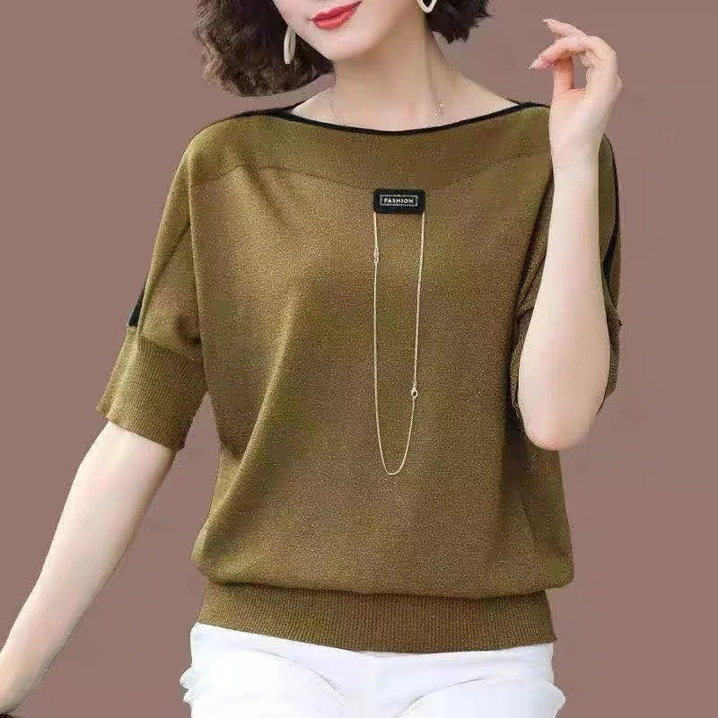 NiDELL Ice Silk Sweater Women's Short-Sleeved Shirt . New Loose Western Style Summer Bright Silk Batwing Shirt Thin T-shirt Faux Fur Fabric Real Fur Fabric Shearling Fabric