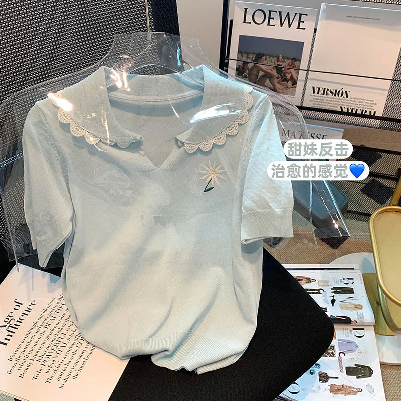 NiDELL In Stock . Spring and Summer New Flower Embroidery Short-Sleeved T-shirt Female Ice Silk Sweater Basic T-Shirt Crew Neck Short Sleeve NiDELL In Stock . Spring and Summer New Flower Embroidery Short-Sleeved T-shirt Female Ice Silk Sweater Basic T-Shirt Crew Neck Short Sleeve