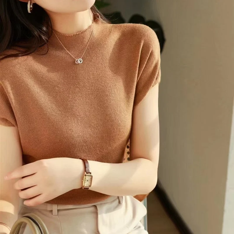 NiDELL Korean Style Thin Half Turtleneck Outer Wear Inner Wear Short Sleeve T-shirt Sweater Female . New Temperament Fashion Knit Top Welt Pockets Slit Pockets Flap Pockets