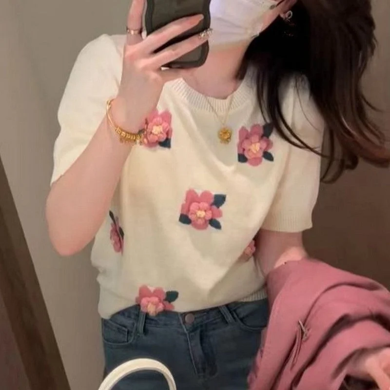 NiDELL Korean Style Trendy Thin Knitted Short-Sleeved T-shirt Women's . Summer Design Sense Niche Flower Unique Chic Top Layered Multi-layer Single Layer