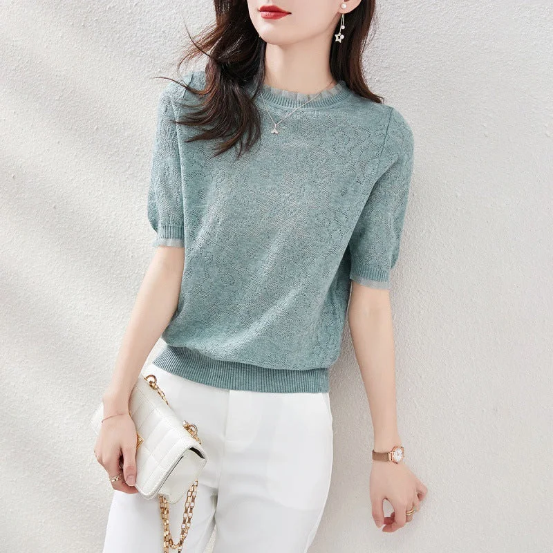 NiDELL Lace Edge Short-Sleeved T-shirt for Women . Summer New Hollow Crocheted Thin Sweater Short Temperament Small Top Real Fur Shearling Chenille
