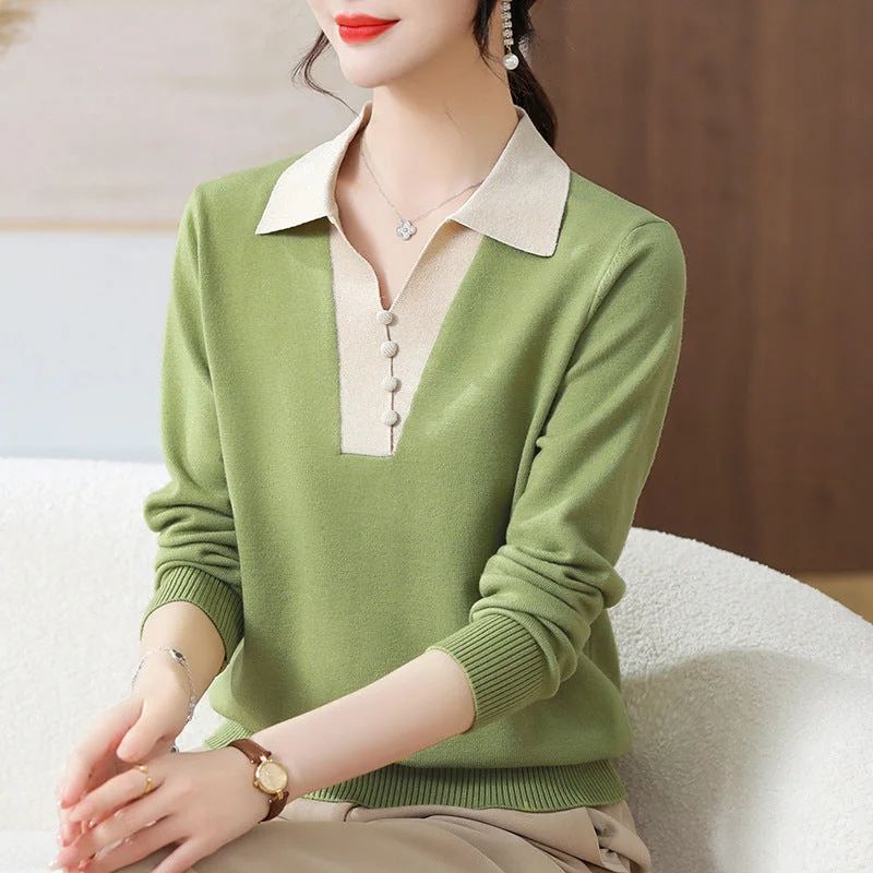 NiDELL Mom Autumn Clothes Western Style Lapel Knitwear Top . New Middle-Aged Women's Clothing Spring and Autumn Base Sweater Thin T-shirt Machine Wash Dry Clean Hand Wash