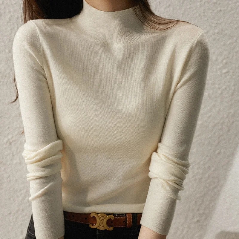 NiDELL . New Autumn Winter Coat Knitted Long Sleeve Women's Half Turtleneck T-shirt plus Size Korean Style Base Shirt Solid Color Sweater Fleece Fabric Down Fabric Feather Fabric NiDELL . New Autumn Winter Coat Knitted Long Sleeve Women's Half Turtleneck T-shirt plus Size Korean Style Base Shirt Solid Color Sweater Fleece Fabric Down Fabric Feather Fabric