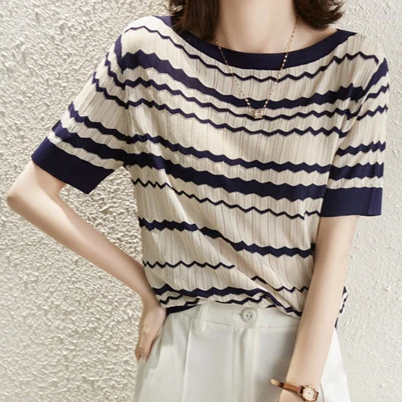 NiDELL . New Contrast Color Wave Striped Sweater Summer Thin round Neck Jacquard Hollow out Underwear Short-Sleeved T-shirt Women Elegant Classic Vintage NiDELL . New Contrast Color Wave Striped Sweater Summer Thin round Neck Jacquard Hollow out Underwear Short-Sleeved T-shirt Women Elegant Classic Vintage