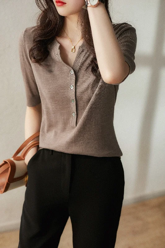 NiDELL . New Not Show off Sven Summer New V-neck Loose Top Mid-Sleeve Sweater Women's T-shirt Chenille Blend Fleece Blend Nylon Blend