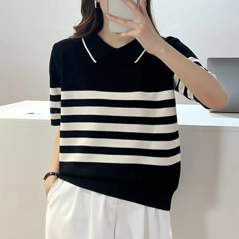 NiDELL . New Summer Thin Age-Reducing Striped Short-Sleeved T-shirt Women's Polo Collar Ice Silk Sweater Short Top Embroidered Appliqued Beaded