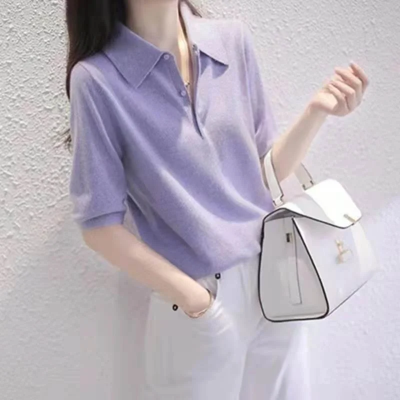 NiDELL New . Women's Summer Dress Lapel Temperament Show White Purple Color Short Sleeve Ice Silk Sweater T-shirt Fleece Fabric Down Fabric Feather Fabric