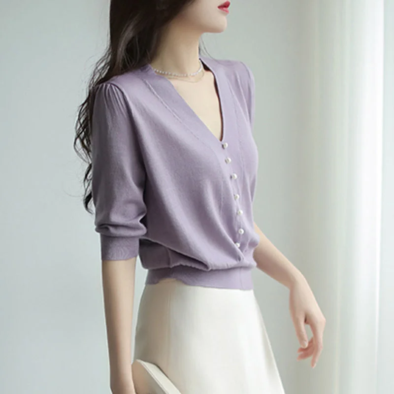 NiDELL New Women's . Summer Half Sleeve V-neck Elegant Purple Ice Silk Sweater T-shirt Women's Top Polka Dot Checkered Tartan NiDELL New Women's . Summer Half Sleeve V-neck Elegant Purple Ice Silk Sweater T-shirt Women's Top Polka Dot Checkered Tartan