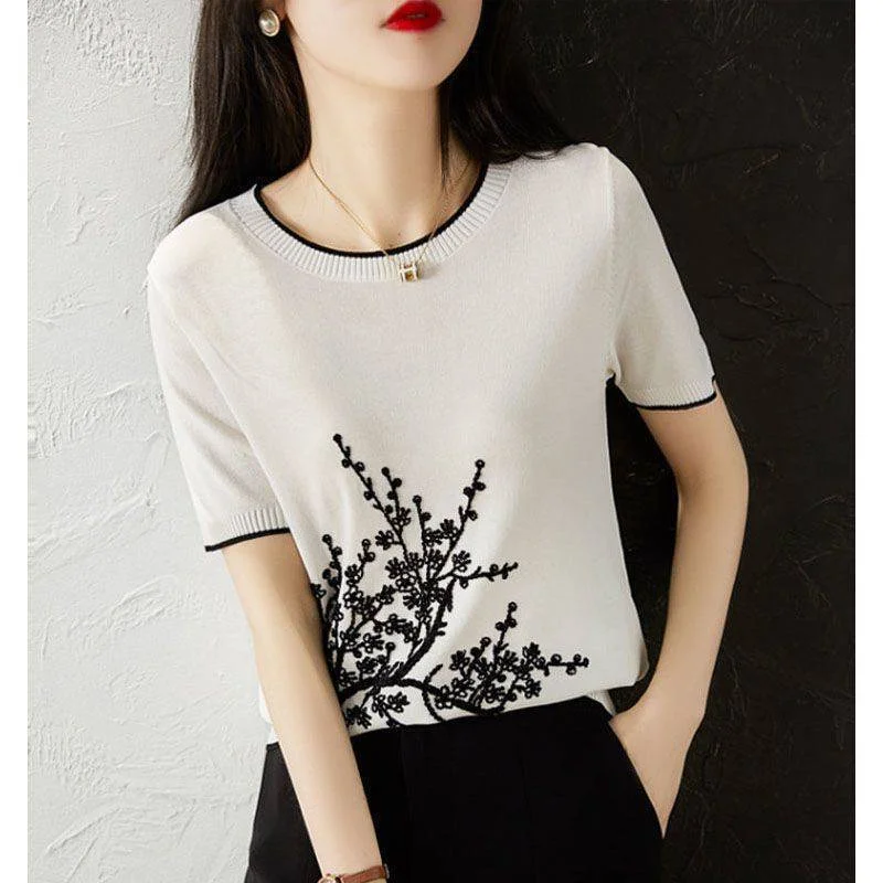 NiDELL New Women's . Summer Thin Embroidery Ice Silk Sweater Short-Sleeved T-shirt Bottoming T-shirt Women Ribbed Striped Patterned