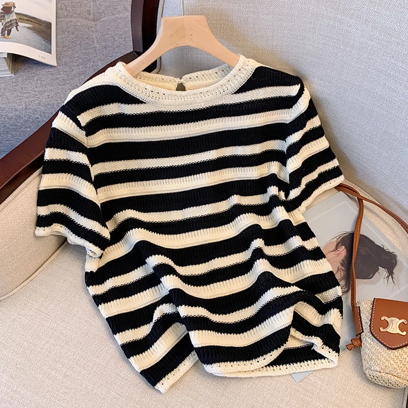 NiDELL One Piece Free Shipping . Summer New Women's Striped Sweater Short Sleeve Loose T-shirt Handmade Crochet Top Iron Safe Non-Iron Wrinkle Free NiDELL One Piece Free Shipping . Summer New Women's Striped Sweater Short Sleeve Loose T-shirt Handmade Crochet Top Iron Safe Non-Iron Wrinkle Free
