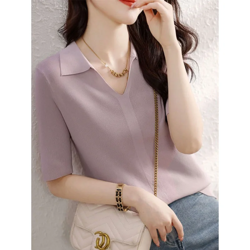 NiDELL Purple Lapel Ice Silk Sweater Short-Sleeved T-shirt Women's Summer Thin Slim Fit Slim-Looking Half-Sleeved Top Sequined Glittery Shiny