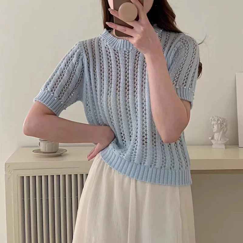 NiDELL Retro Style Fashionable round Neck Hong Kong Style Pearl Knitted T-shirt Female . Hollow Design Chic Loose Casual Top Chenille Brocade Lace NiDELL Retro Style Fashionable round Neck Hong Kong Style Pearl Knitted T-shirt Female . Hollow Design Chic Loose Casual Top Chenille Brocade Lace