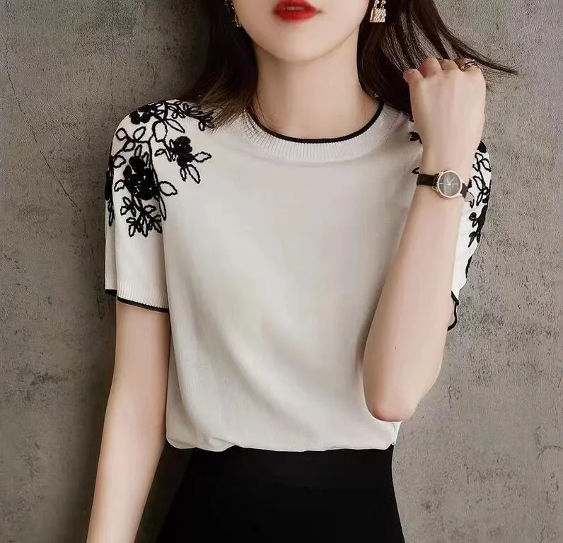 NiDELL Simple Casual Summer Knitted T-shirt Female . Shoulder Crochet Embroidery round Neck Pullover Elegant Knitwear Summer Boxy Fit Fitted Loose NiDELL Simple Casual Summer Knitted T-shirt Female . Shoulder Crochet Embroidery round Neck Pullover Elegant Knitwear Summer Boxy Fit Fitted Loose