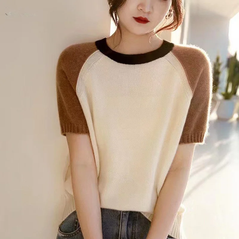 NiDELL Soft . New Pure Color-Block Crew Neck Short Sleeve Women's Sweater Pullover Western Style Raglan Half Sleeve T-shirt Women Oversized T-Shirt Spandex breathable NiDELL Soft . New Pure Color-Block Crew Neck Short Sleeve Women's Sweater Pullover Western Style Raglan Half Sleeve T-shirt Women Oversized T-Shirt Spandex breathable