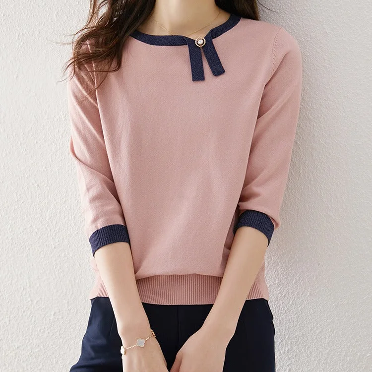 NiDELL . Spring and Autumn Women's T-shirt New Contrast Color Design Asymmetric Sweater Three-Quarter Sleeve Pullover Women's Sweater Mesh Blend Leather Blend Suede Blend